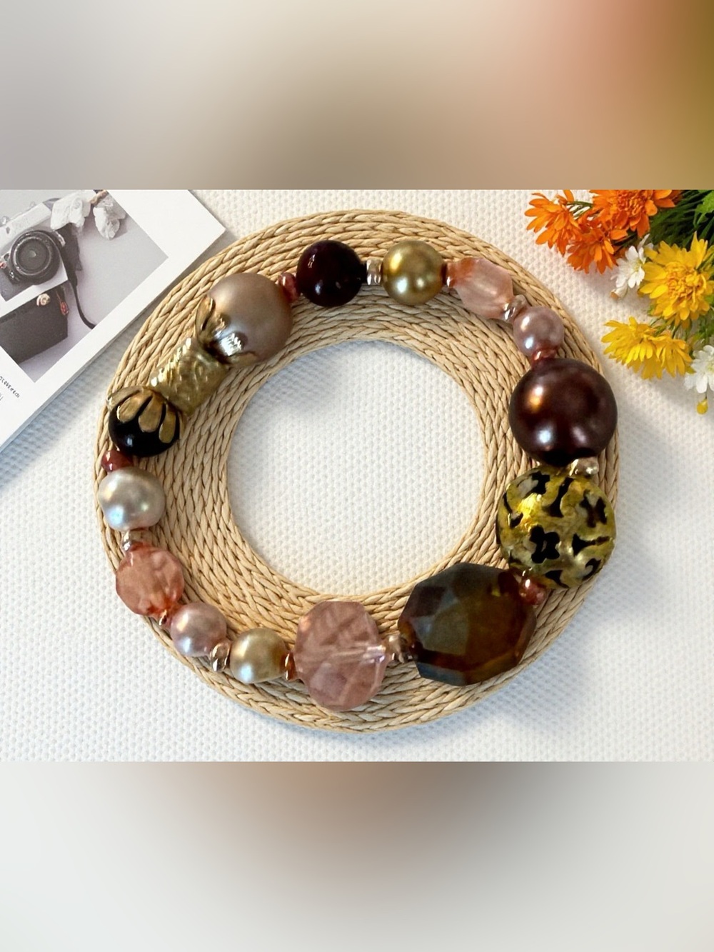 Handcrafted Statement Beaded Stretch Bracelet in Brown, Gold and Blush